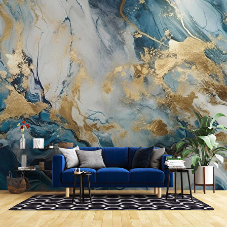 Mavi ve Altın Mermer Desenli Duvar Kağıdı