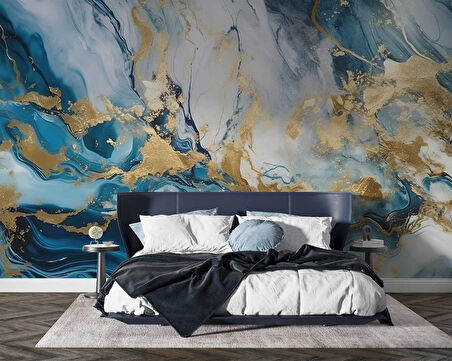 Mavi ve Altın Mermer Desenli Duvar Kağıdı