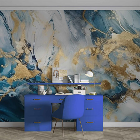 Mavi ve Altın Mermer Desenli Duvar Kağıdı