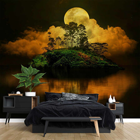 Gece Ay ve Ada Manzaralı Duvar Kağıdı