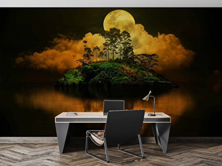 Gece Ay ve Ada Manzaralı Duvar Kağıdı