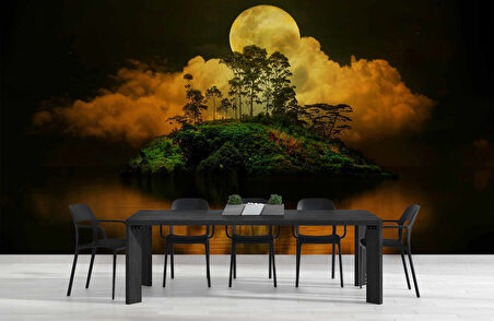 Gece Ay ve Ada Manzaralı Duvar Kağıdı