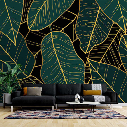 Yeşil Yaprak ve Altın Çizgi Duvar Kağıdı