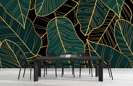 Yeşil Yaprak ve Altın Çizgi Duvar Kağıdı