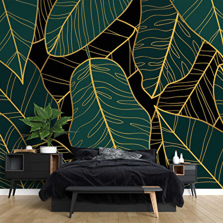 Yeşil Yaprak ve Altın Çizgi Duvar Kağıdı