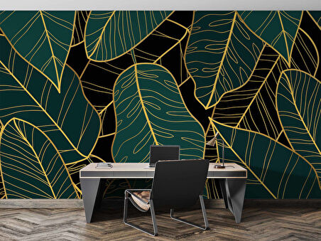 Yeşil Yaprak ve Altın Çizgi Duvar Kağıdı