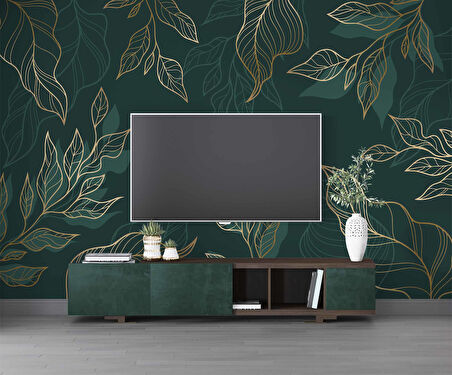 Altın Çizgili Yeşil Yaprak Duvar Kağıdı