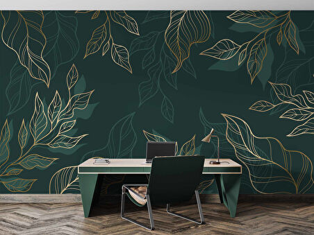 Altın Çizgili Yeşil Yaprak Duvar Kağıdı