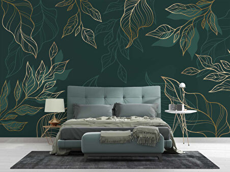 Altın Çizgili Yeşil Yaprak Duvar Kağıdı