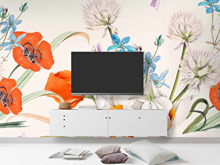 Turuncu, Beyaz, Mavi Çiçekli Duvar Kağıdı