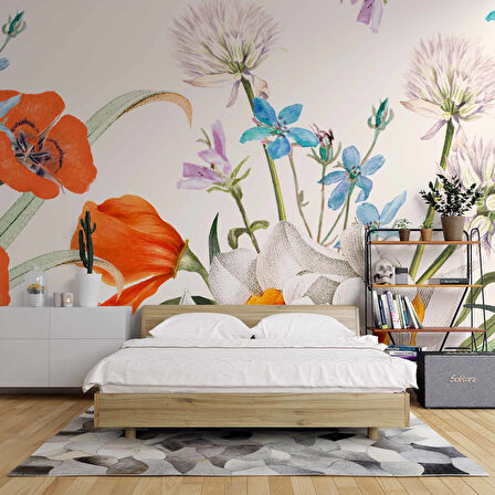 Turuncu, Beyaz, Mavi Çiçekli Duvar Kağıdı