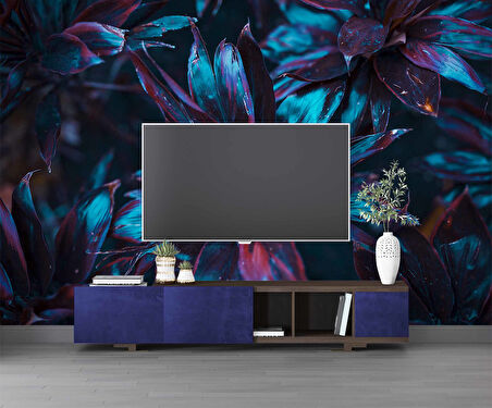 Koyu Mavi Yaprak Duvar Kağıdı Baskı