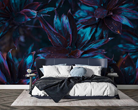 Koyu Mavi Yaprak Duvar Kağıdı Baskı