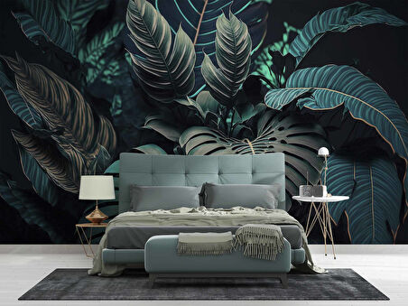 Koyu Renkli Yaprak Temalı Duvar Kağıdı Baskı