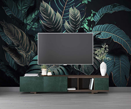 Koyu Renkli Yaprak Temalı Duvar Kağıdı Baskı