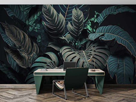 Koyu Renkli Yaprak Temalı Duvar Kağıdı Baskı