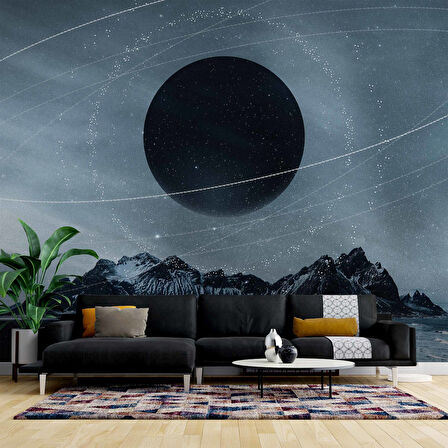 Dağ ve Siyah Ay Manzaralı Duvar Kağıdı Baskı