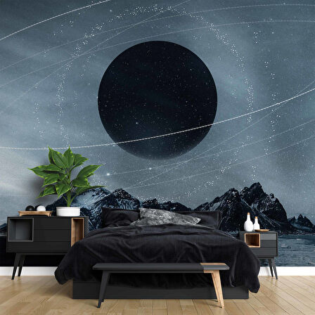 Dağ ve Siyah Ay Manzaralı Duvar Kağıdı Baskı