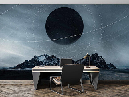 Dağ ve Siyah Ay Manzaralı Duvar Kağıdı Baskı