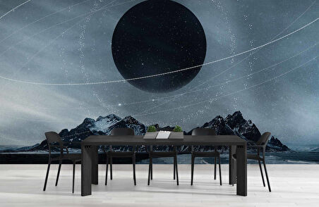 Dağ ve Siyah Ay Manzaralı Duvar Kağıdı Baskı