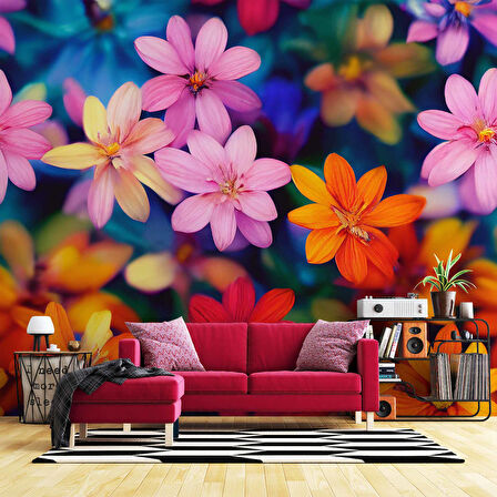 Renkli Çiçek Desenli Duvar Kağıdı Baskı