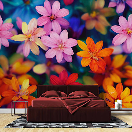 Renkli Çiçek Desenli Duvar Kağıdı Baskı