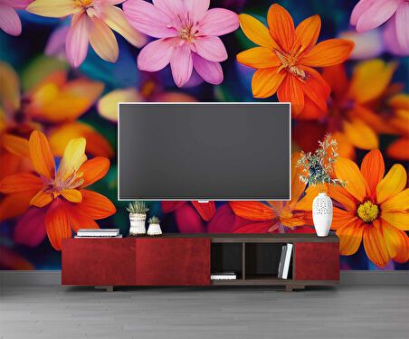 Renkli Çiçek Desenli Duvar Kağıdı Baskı