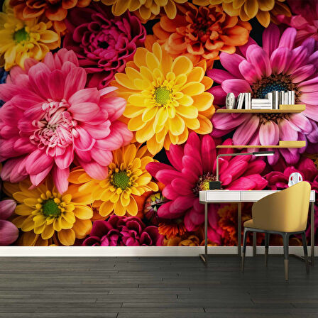 Pembe Sarı Çiçek Temalı Duvar Kağıdı Baskı