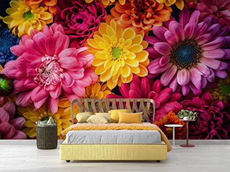 Pembe Sarı Çiçek Temalı Duvar Kağıdı Baskı