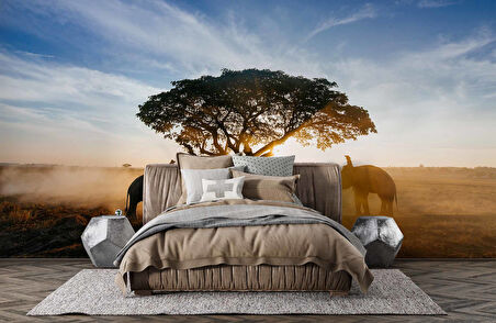 Gündoğumu Ağaç ve Fil Temalı Duvar Kağıdı Baskı