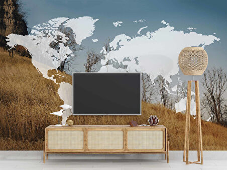 Dünya Haritası ve Buğday Tarlası Duvar Kağıdı Baskı