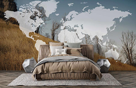 Dünya Haritası ve Buğday Tarlası Duvar Kağıdı Baskı