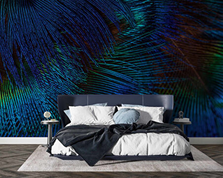 Koyu Mavi Tüy Desenli Duvar Kağıdı Baskı