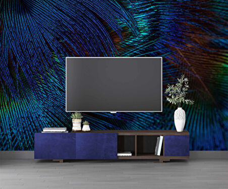 Koyu Mavi Tüy Desenli Duvar Kağıdı Baskı