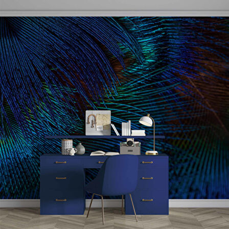 Koyu Mavi Tüy Desenli Duvar Kağıdı Baskı