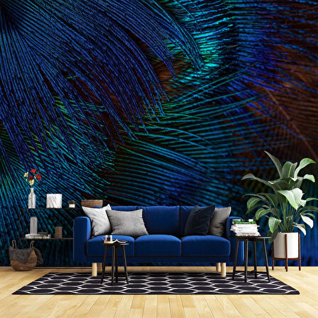 Koyu Mavi Tüy Desenli Duvar Kağıdı Baskı