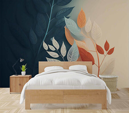 Soft Lacivert ve Krem rengi Yaprak Duvar Kağıdı Baskı