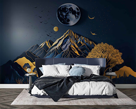 3D Kabartma Görünmlü Dağ ve Ay Temalı Duvar Kağıdı Baskı