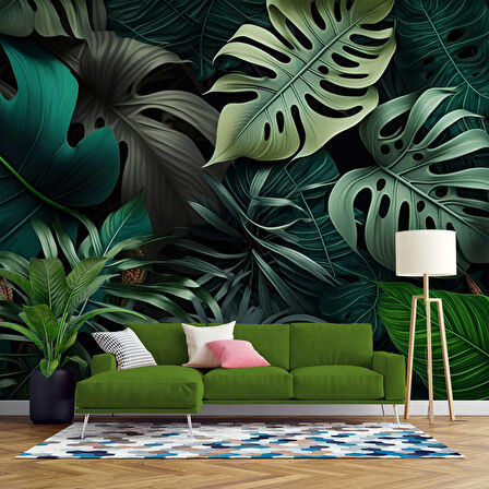 Botanik Yaprak Desenli Duvar Kağıdı Baskı