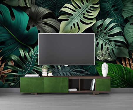 Botanik Yaprak Desenli Duvar Kağıdı Baskı