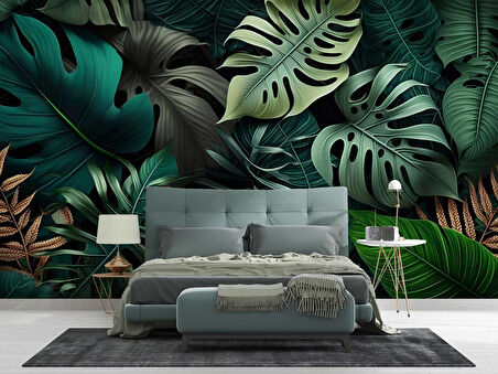 Botanik Yaprak Desenli Duvar Kağıdı Baskı