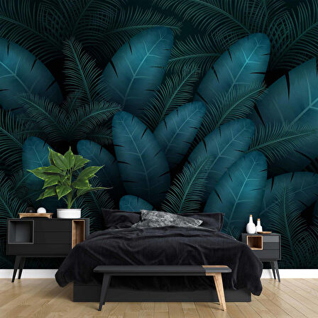 Botanik Mavi Yaprak Temalı Duvar Kağıdı Baskı