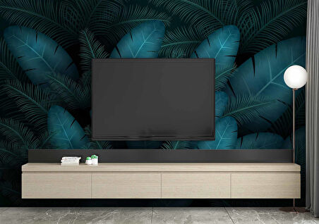 Botanik Mavi Yaprak Temalı Duvar Kağıdı Baskı