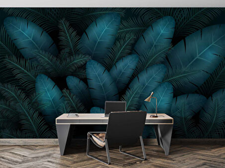 Botanik Mavi Yaprak Temalı Duvar Kağıdı Baskı
