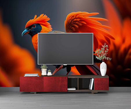 Kırmızı Kuş Temalı Duvar Kağıdı Baskı