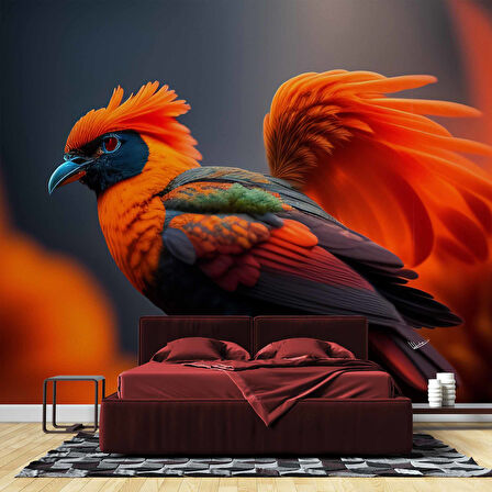 Kırmızı Kuş Temalı Duvar Kağıdı Baskı