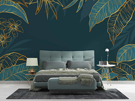 Yeşil Yaprak ve Altın Çizgiler Duvar Kağıdı Baskı