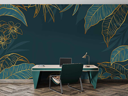 Yeşil Yaprak ve Altın Çizgiler Duvar Kağıdı Baskı