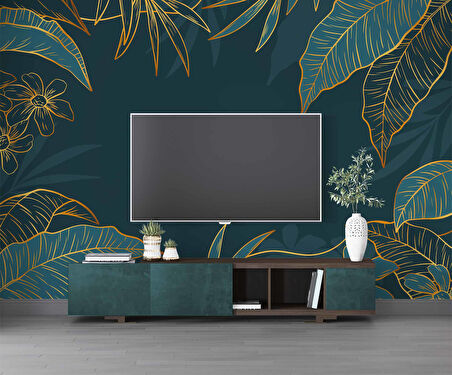 Yeşil Yaprak ve Altın Çizgiler Duvar Kağıdı Baskı