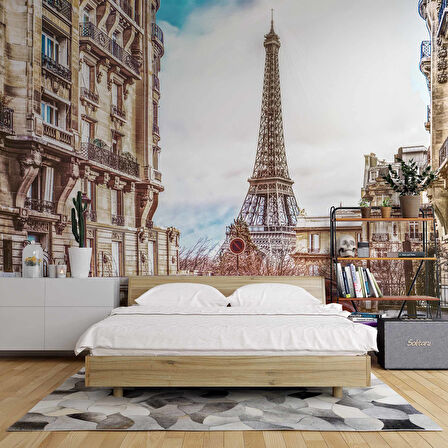 Paris Sokak ve Eyfel Kulesi Manzaralı Duvar Kağıdı Baskı